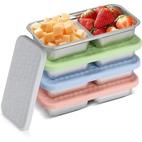 4 Pack 14 oz Stainless Steel Snack Containers with Lids, 2 Separated Compartment Metal Bento Box, Reusable Food Containers for Home, Travel, Outdoor, BPA-Free, Dishwasher Safe