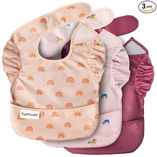 Tiny Twinkle Mess Proof Baby Bibs for Eating – Waterproof, Wipeable Toddler Bibs with Pocket – Baby Food Bibs for Girls & Boys(3 Pack,Unicorn)