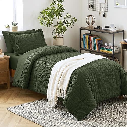 CozyLux Twin Comforter Set with Sheets 5 Pieces, Olive Green Seersucker Textured Bed in a Bag, Luxury Soft Bedding Sets with Down Alternative Comforter, Sheets, Pillowcase & Sham for All Seasons