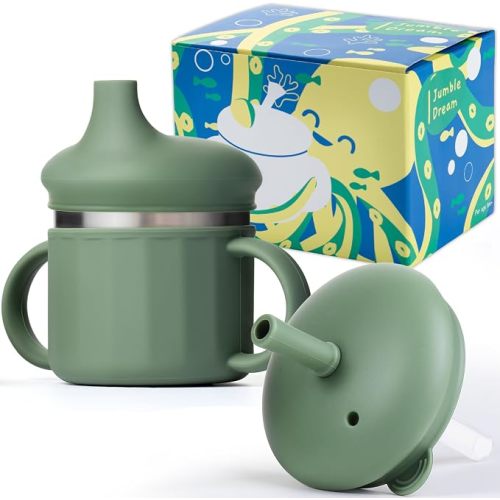 Jumble Dream Stainless Steel Sippy Cup – Spill-Proof Straw Cup,Sage Breeze