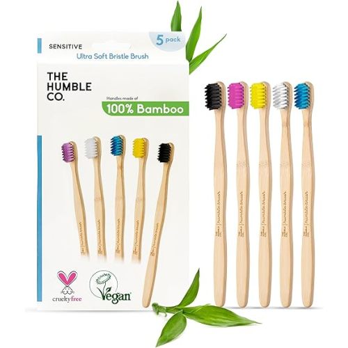 The Humble Co Bamboo Toothbrushes, 5 Pack - Ultra Soft Bristles Natural Bamboo Toothbrush - BPA Free Soft Bristles for Sensitive Gums - Non-Toxic & Plastic Free Handle - Dental Oral Care & Hygiene