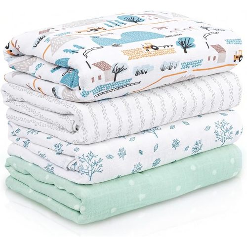 Muslin Swaddle Blankets for Newborn, 4 Pack Cotton Baby Blankets, Large 31.5 x 43.3 inch Breathable Soft Receiving Blanket, Essentials Swaddle Wrap Burping Clothes, Grey Animals
