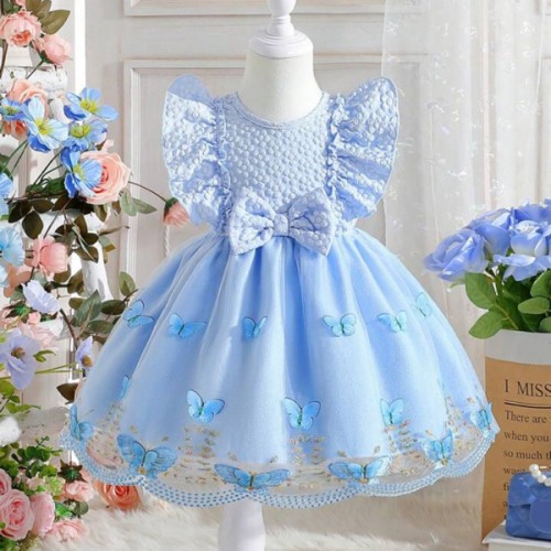 Souflis Souflis Baby Girl's Elegant Mesh Dress With Bowknot & Embroidery & Ruffle Hem