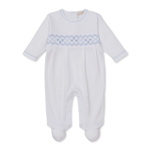 Footie with Hand Smocking - White/Lt. Blue