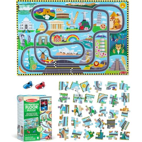 Melissa & Doug Race Around the World Floor Puzzle 48-Piece | 48 Wipe-Clean Puzzle Pieces, 3x2 Feet, 2 Wind-Up Toy Cars, Grooved Racetrack, Pretend Play, Preschool Toys for Kids, Ages 3+