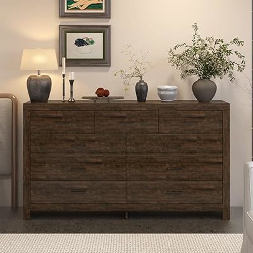 ECACAD 63" W Double Dresser with 9 Drawers & Black Handles, Chest of Drawers with Wood Grain, Modern Wooden Storage Tower for Bedroom Living Room, Dark Brown