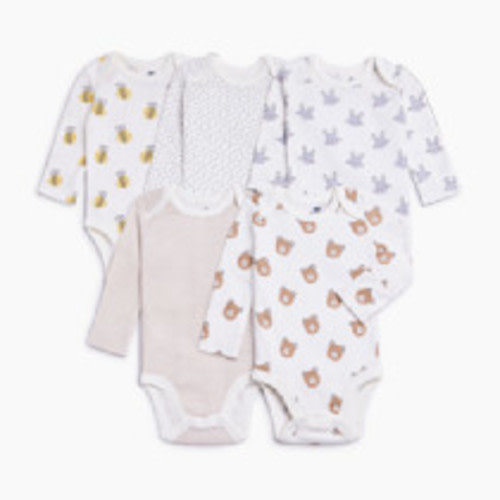 Small Story 5 Pack Printed Long Sleeve Bodysuits - Baby Animals, 0-3 M