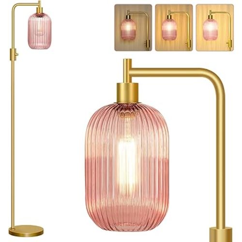 【Upgraded】 Dimmable Glass Floor Lamp for Living Room, Modern Gold Standing Lamp with Pink Ribbed Glass Lampshade & Knob Dimmer, Arc Tall Lamp for Bedroom Office Reading Room, 2700K Led Bulb Included