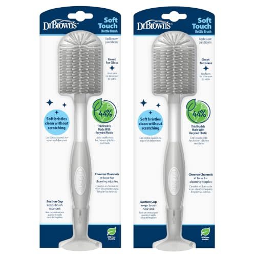 Dr. Brown's Soft Touch No Scratch Baby Bottle Cleaning Brush, Nipple Cleaner & Suction Cup Base for Easy Storage, BPA Free, Gray (Pack of 2)