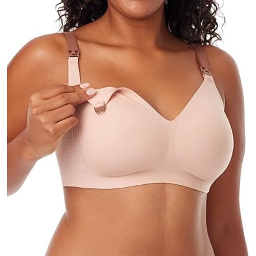 Momcozy Nursing Bras for Breastfeeding, 3.0 Jelly Strip Lift Support Maternity Bra, Seamless Soft Wirefree Pregnancy Bra - Large - Oyster Pink