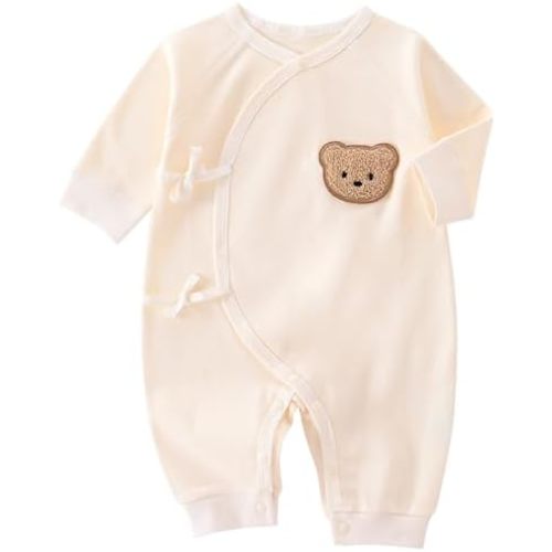 Newborn Baby Cute Bear Patched Onesie, Unisex Long Sleeve Clothes, Baby Boy's Girl's Outfits