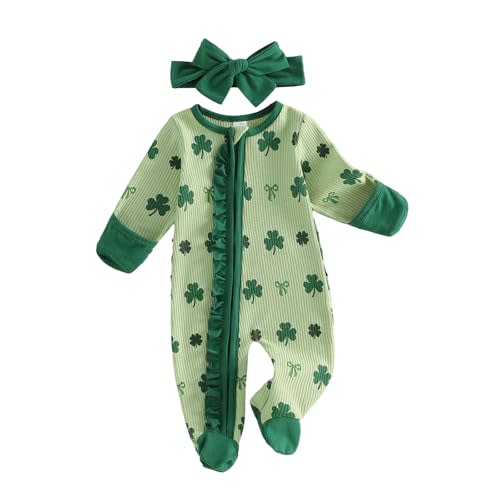St Patricks Baby Girl Outfit Green Clover Bow Long Sleeve Romper Bodysuits Jumpsuits Spring Newborn Girl Clothes