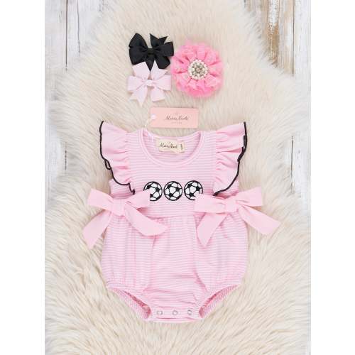 Striped Soccer Time Embroidered Ruffle Bubble Romper
