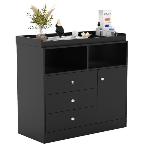 Nursery Dresser with Changing Table Top - Tall Wooden Diaper Changing Station with 2 Open Shelves, 3 Drawers, and 1 Cabinet, Ideal for Children's Room, Black