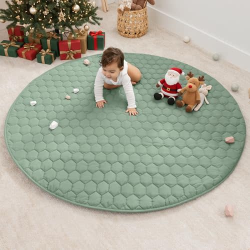 Comfy Cubs Round Kids Play Mat - Large 60 inches Soft Quilted Baby Floor Mat with Non-Slip Bottom - Plush Design for Toddlers' Playtime and Relaxation - Comfortable and Durable - Fern