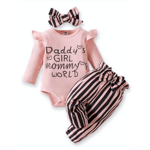 PatPat Newborn Baby Girls Clothes Long Sleeve Romper Jumpsuit Striped Pants Outfit Set, 6-9 Months