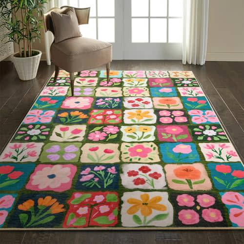 Vintage Floral Rug 5x7 Washable, Thin Cute Aesthetic Retro Multicolored Flowers Patchwork Bedroom Dorm Carpet, Boho Country Botanical Area Rugs for Dining Living Room Kitchen Entryway Nursery