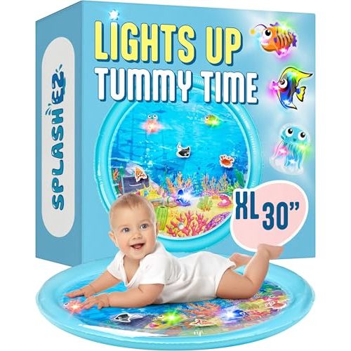 SplashEZ Lights Up Tummy Time Water Mat for Babies, 30" X-Large Baby Water Mat Tummy Time for Sensory Play with LED Glowing Fishes, Inflatable Fun Play Pad for Infants & Toddlers 3 to 36 mo