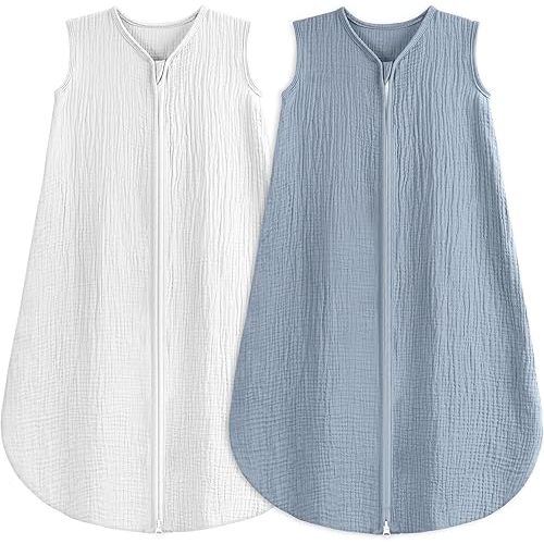 2 Pack Baby Sleep Sack 6-12 Months 100% Organic Cotton Muslin Baby Sleeping Bag 2-Way Zipper Wearable Blankets TOG 0.3 (White & Light Gray, Medium)