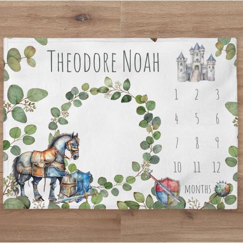 Knight Milestone Blanket Personalized Knight Horse Baby Boy Month Blanket Custom Castle Age Newborn Calendar Tracker New Baby Shower Gift