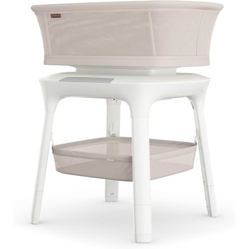 UPPAbaby Soma Smart Bassinet – 5 motions + 5 speeds + 4 Sounds with MotionSync Technology – Height Adjustable – Included Mattress, Sheet + Storage Basket – Charlie (Sand Mélange)