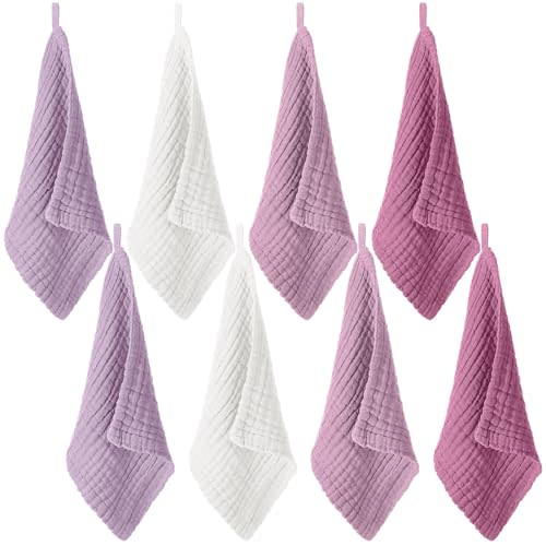 SmoothNovelty 8 Pcs Baby Washcloths for Newborn 12 x 12 Inch Muslin Face Towels Cotton Absorbent for Delicate Skin Soft Muslin Cloth Reusable Baby Registry as Shower Gift, 4 Colors(Purple Color)
