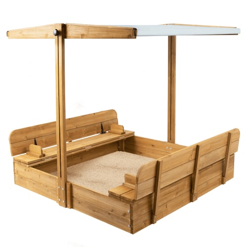 PETSCOSSET Wooden Sandbox Playset with Lid, Outdoor Sand Pit with Cover, 2 Foldable Seats for Toddlers Ages 4-8
