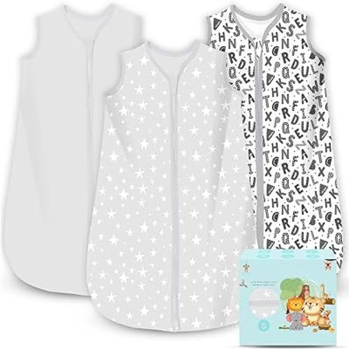 Cute Castle Baby Sleep Sack 0-6 Months - Lightweight 100% Cotton 2-Way Zipper TOG 0.5 Infant Wearable Blanket, Newborn Essentials Toddler Sleep Clothes, 3 Pack(Gray, Letters, Stars)
