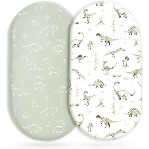 GRSSDER Stretch Ultra Soft Fitted Bassinet Sheet Set 2 Pack, Universal Fit for Bassinets Baby Cradle Moses Basket Oval Rectangle Mattress Safe and Snug, Dinosaur World