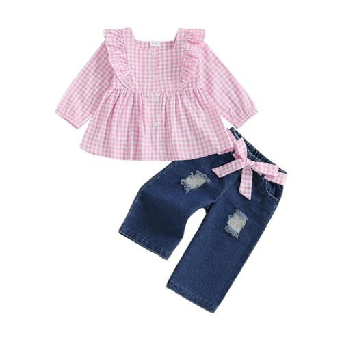 Aiwpstoin Jean Pants Set for Toddler Baby Girl Fall Two Piece Outfit Long Sleeve Ruffle Plaid Top Ripped Denim Trousers