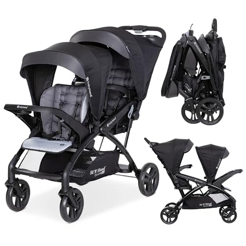 Baby Trend Double Stroller with Canopy Visors, Storage Basket and 2 Cup Holders, Sit N' Stand 2.0 DLX, Stormy – Foldable Infant and Toddler Tandem Stroller and Travel System