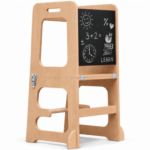 Avenlur Date 4-in-1 Foldable Tower - Toddler Step Stool with Chalkboard, Desk and Chair - Montessori and Waldorf Style Stool for Ages 18 Months to 6 Years | Convertible Kitchen Learning Tower, Toddler Step Stool for Kitchen Counter, Montessori Helper T...