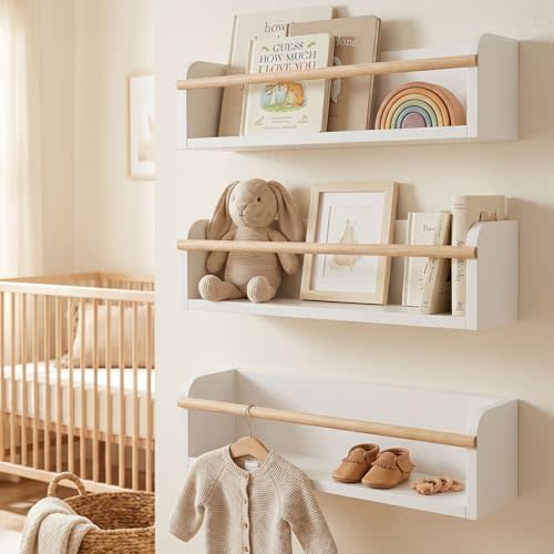 Decorative Nursery Bookshelves for Kids - Set of 3 Easy to Install Floating Shelves for Wall Mount - Beautiful Hanging Organizer Furniture for Your Baby Boy or Girl's Bedroom and Play Room Decor