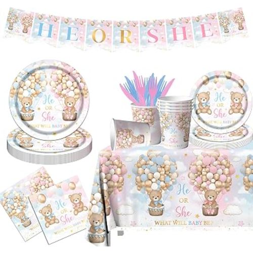 Teddy Bear Gender Reveal Decorations 142Pcs Boy or Girl Gender Reveal Supplies Include Paper Plates Napkins Tablecloth Cups for Pink Blue Bear Baby Shower Decorations