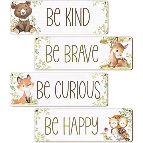 Woodland Nursery Decor, Jungle Safari Animals Boysroom Wall Sign Art, Be Kind Brave Curious Happy Decorations for Kids Boys, 4 Pieces Wood Sign, 3.9x11.8 In-A03