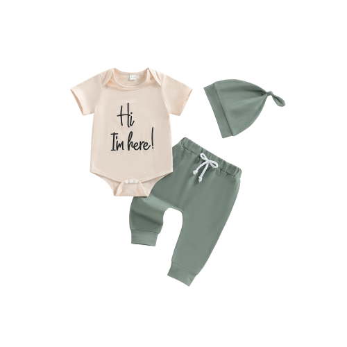 BemeyourBBs Hi I'm Here Newborn Baby Boy Coming Home Outfit Spring Summer Clothes Short Sleeve Crew Neck Letter Print Romper Solid Color Pants Hat Sets