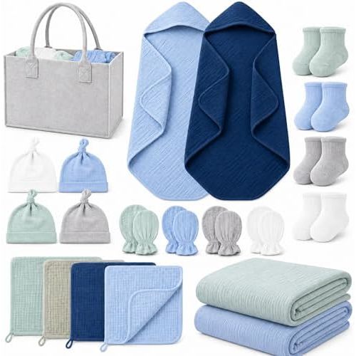 Ramede 21 Pcs Newborn Gift Basket Baby Must have Muslin Towels Swaddle Blanket Baby Bib Mitten Hairband Sock Diaper Caddy