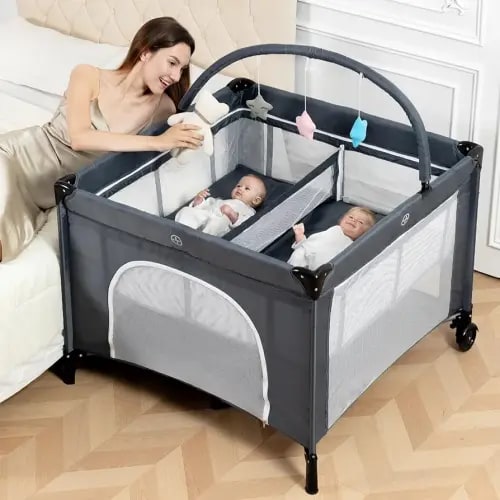 Twin Bassinet - 3 in 1 Twin Bassinets for 2 Babies with Hanging Toys & Storage Basket, Portable Pack and Play Foldable Bedside Sleeper with Carry Bag, Grey