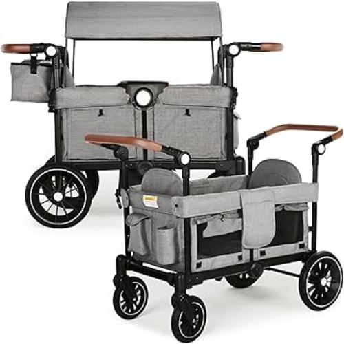 Wagon Stroller for 2 Kids, Foldable Kids Wagon Cart Featuring with Harnesses, Adjustable Double Push Handle, Removable Canopy, Snack Tray, Large Storage Bag, Gray
