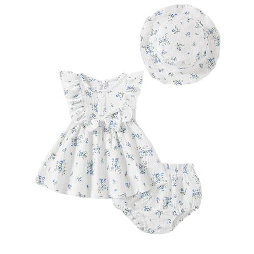 Vibebox Baby Girl Dresses Toddler Summer Princess Dress Clothes 0-18 Months | Ruffle Sleeveless Bows Dresses, Spring Summer Party Birthday Outfits, Infant Girls 3-Piece Sundress with Hat and Underwear