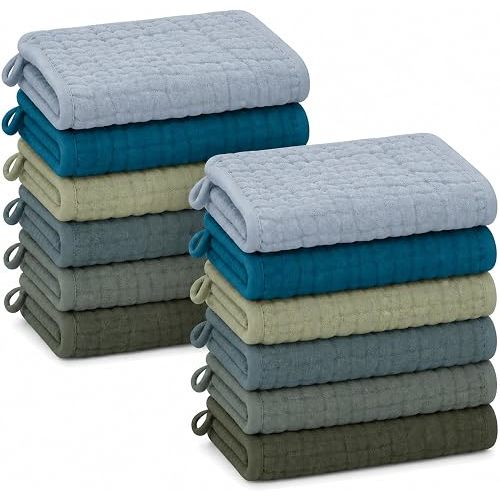 SWEET DOLPHIN 12 Pack Baby Muslin Washcloths - Face Cloths for Newborn, Absorbent Bath Wash Cloths, Wipes, Burp Rag - Toddlers Essentials Stuff, Baby Registry as Shower -10"x10", Ocean Dip