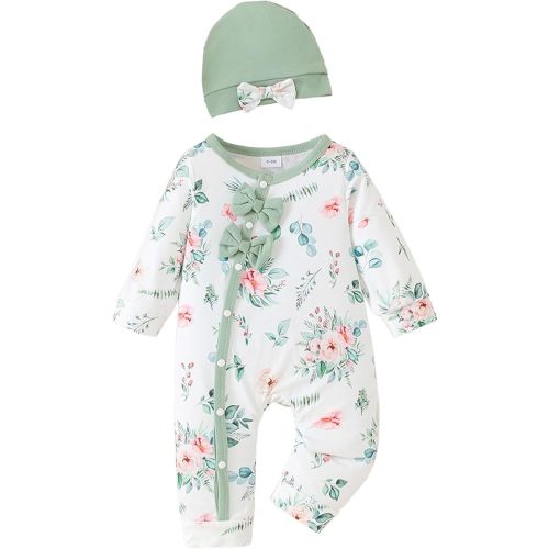 Mioglrie Newborn Baby Girl Clothes Preemie Fall Winter Floral Outfits | Baby Essentials, Infant 0 3 6 Months Romper, New Born Coming Home Outfit, Cute Babies Jumpsuits, Matching Hat Bodysuit