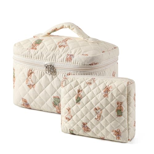 RSRSLEII 2 Pcs Quilted Cotton Makeup Pouch Set (02Bear Pattern) | Coquette Floral Quilted Toiletry Makeup Bag for Women and Girls, Aesthetic Travel Organized Cosmetic Bags