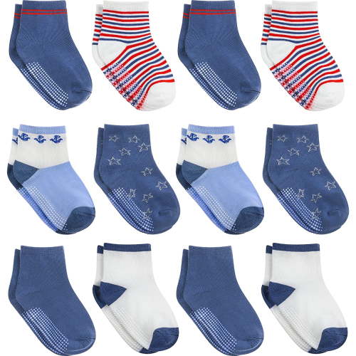 Debra Weitzner Non-Slip Cotton Gripper Toddler Socks - Anti-Slip Crew Socks for Infants and Kids, 12 Pairs