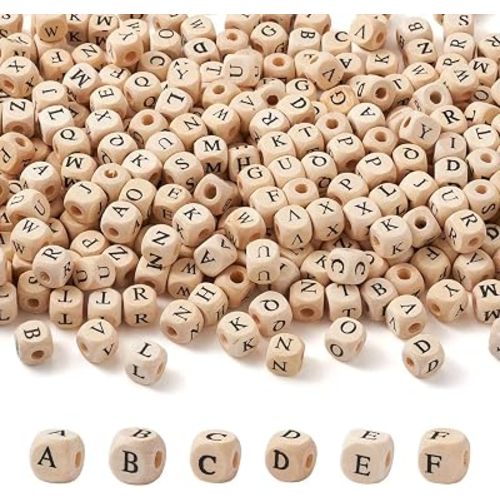 KISSITTY 520pcs/bag Cube Wood Beads with Initial 26 Letters 10mm Natural Square Alphabet Wooden Loose Beads for Jewelry DIY Crafts Making PapayaWhip