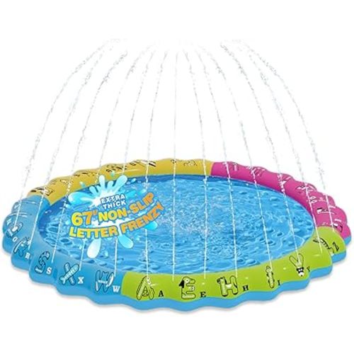 67" 3-in-1 Non-Slip Splash Pads for Toddlers 1-3 & Kids Ages 4-8, Baby Learning Pool, Sprinkler for Kids Summer Outdoor Water Toys, Game Mat with A-Z Letters