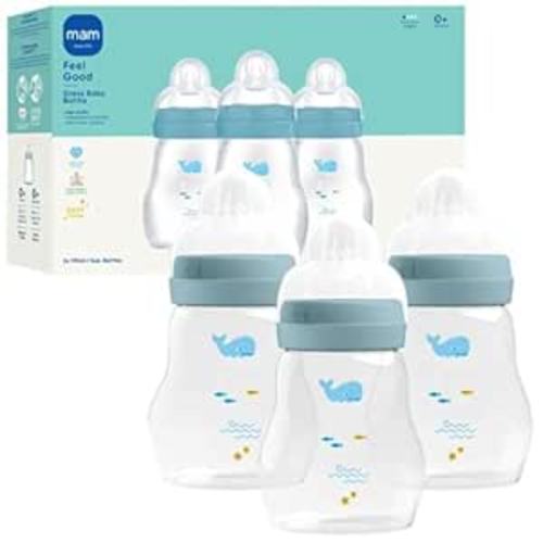 MAM 6oz Feel Good Pure Glass Anti-Colic Wide Neck Baby Bottle, Slow Flow Skin Soft Silicone Nipple, Easy To Clean, BPA Free, 0+ Months, Easy Switch Between Breast & Bottle, Made In Europe, 3 Pack, Boy