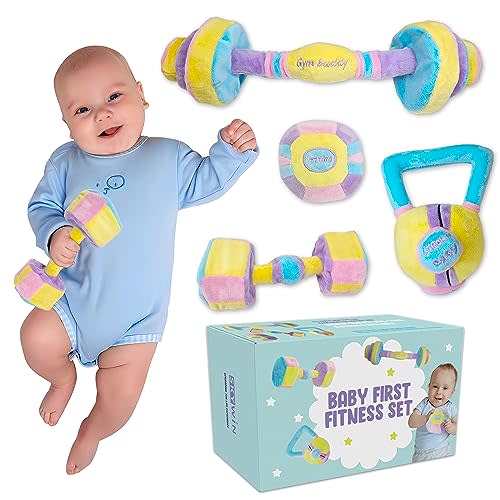 Skywin Baby Weights Photo Props - Dumbbell, Kettlebell, Barbell, and Plush Medicine Ball Workout Toys (Purple)