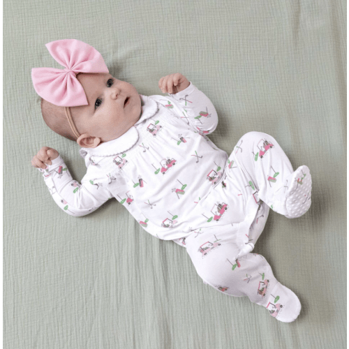Smocked Peter Pan Snap Footie, Pink Golf - Angel Dear Sleepwear | Maisonette
