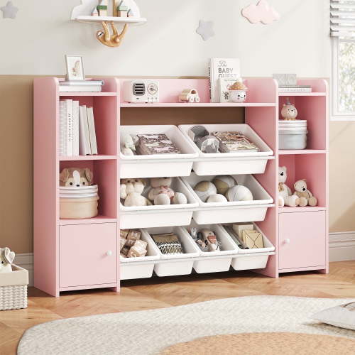Homfa Kids Toy Storage Organizer Bookcase with 8 Bins, Pink Toy Storage Organizer Bookshelf with 2 Door for Children Playroom Organization